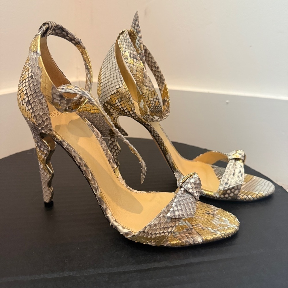 Alexandre Birman Clarita Bow  Elegant Snakeskin High Heel Sandals Gold & Silver